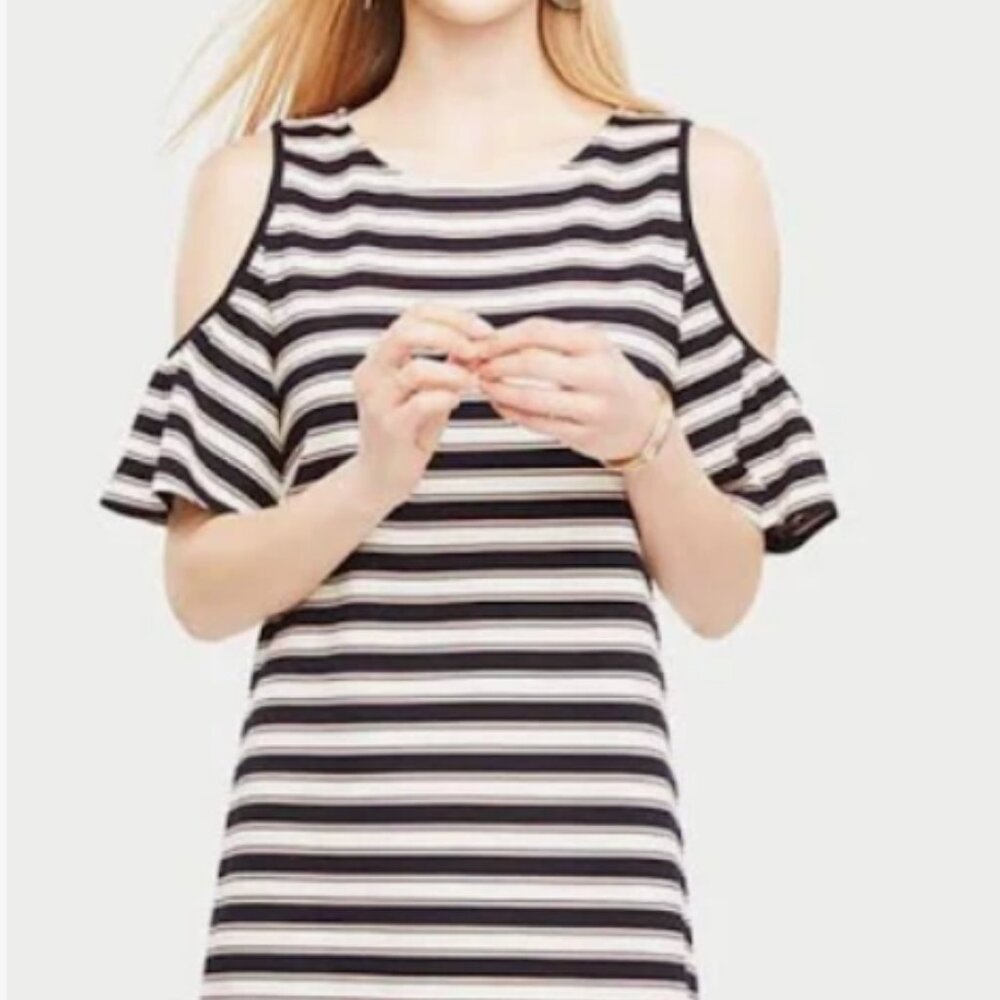 Ann Taylor Cold Shoulder Flutter Sleeve Dress Navy Blue White Stripe